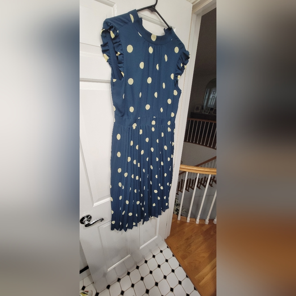 Ann Taylor Navy Blue Polka Dot Pleated Midi Dress